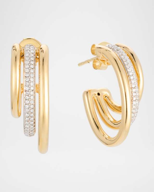 14K Yellow Gold Triple Diamond Oval Hoop Earrings